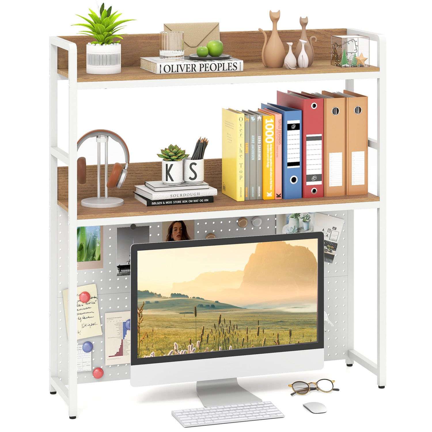 2-Tier Desktop Bookshelf With Pegboard, 32 Inch Monitor, Natural Bookcases at Gallery Canada