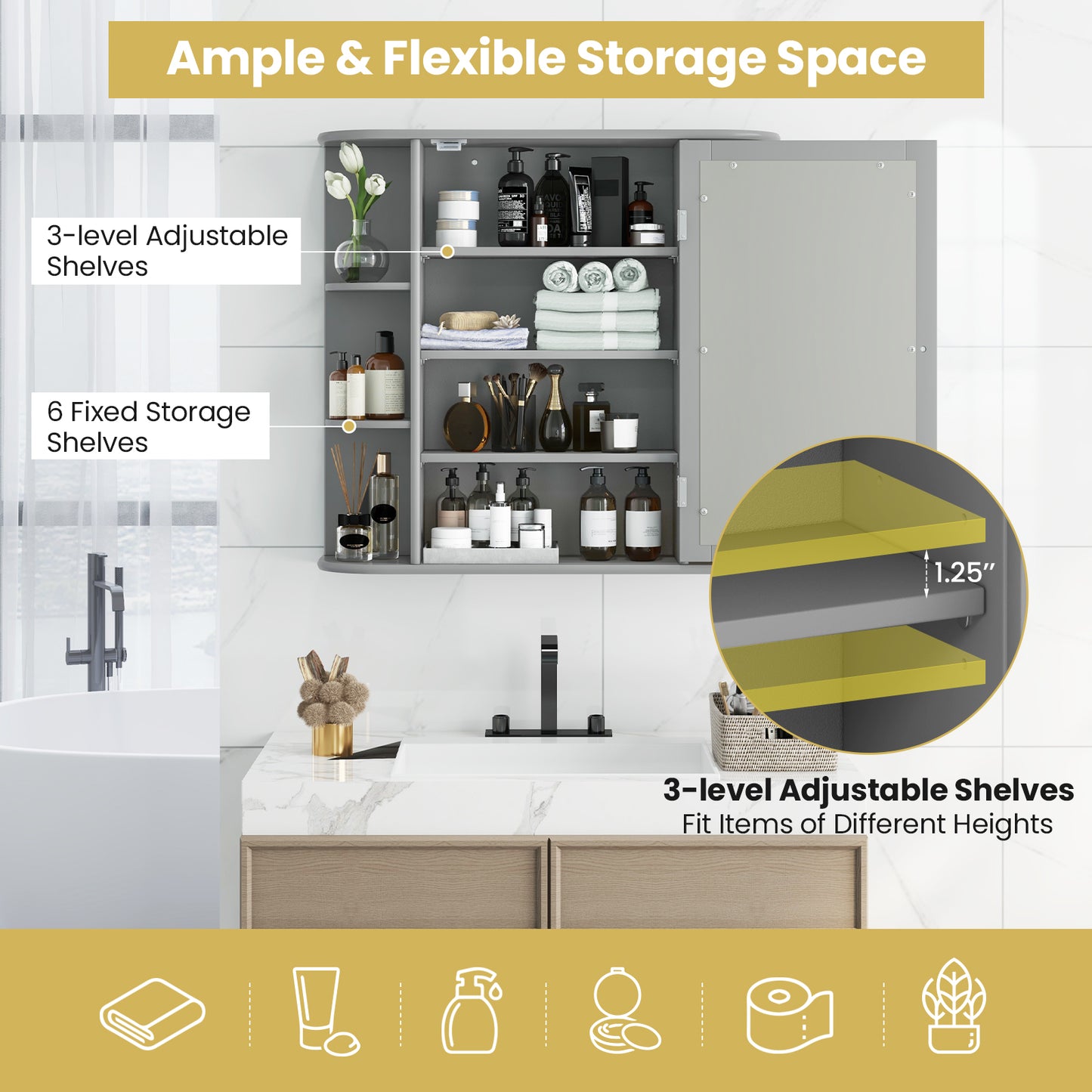 Multipurpose Mount Wall Surface Bathroom Storage Cabinet with Mirror, Gray Wall Cabinets at Gallery Canada