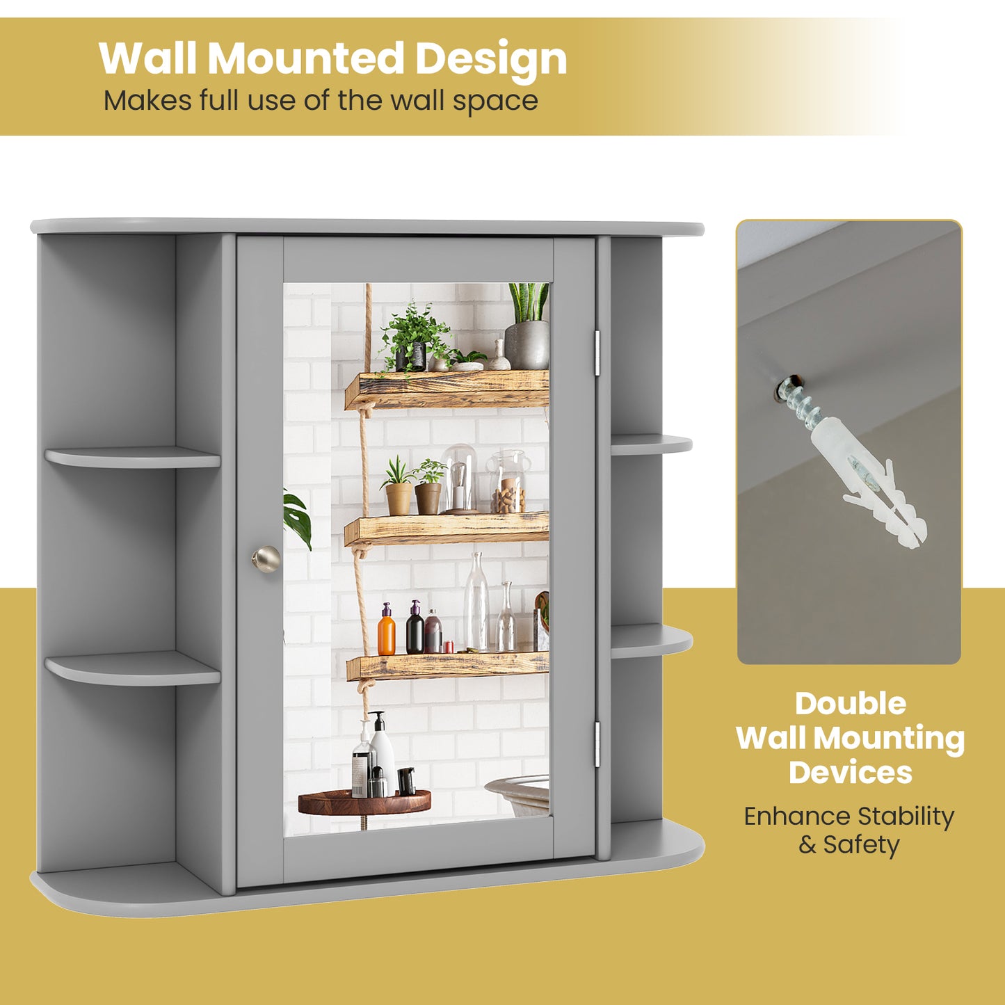 Multipurpose Mount Wall Surface Bathroom Storage Cabinet with Mirror, Gray Wall Cabinets at Gallery Canada