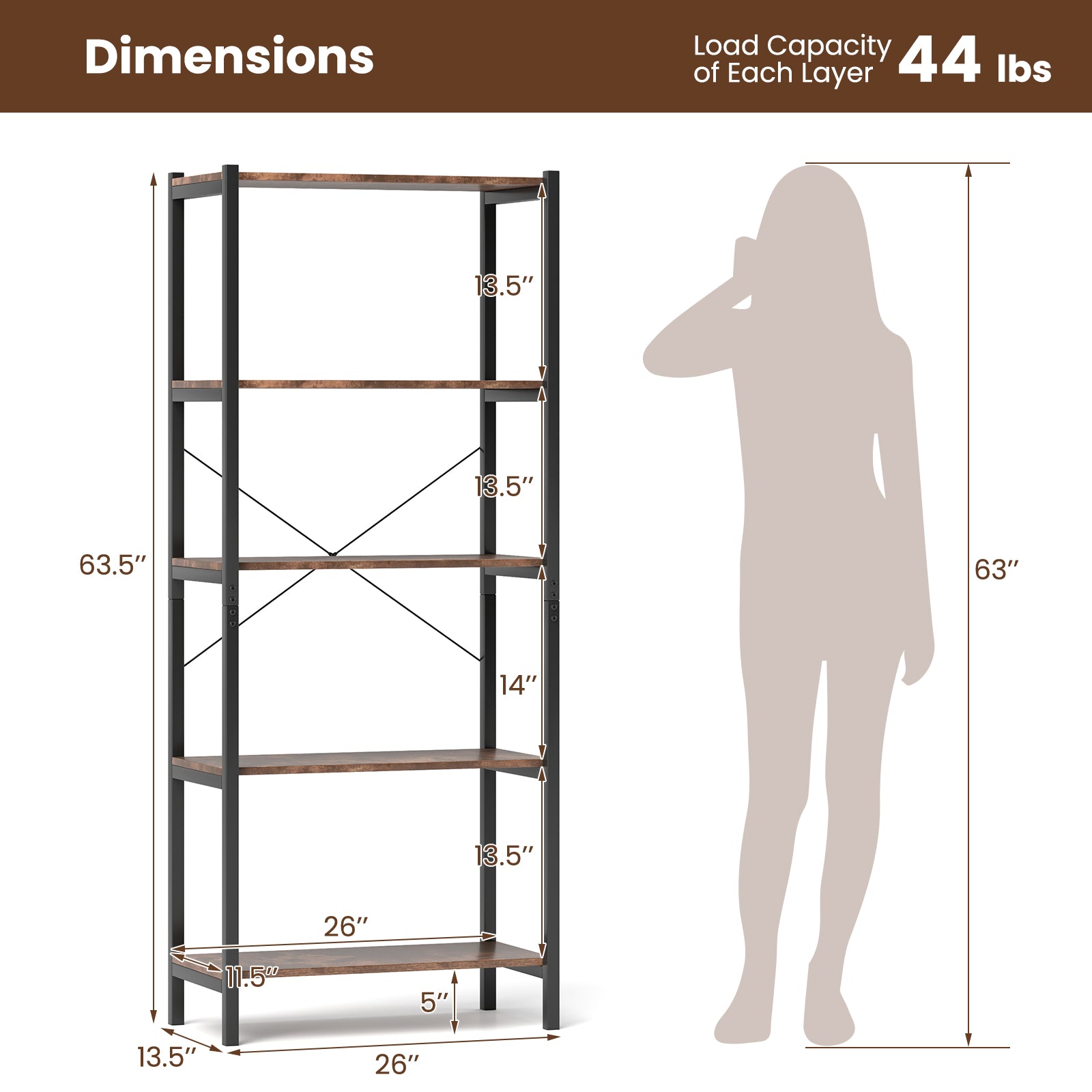 Multipurpose Open Bookcase Industrial Rack Wide Standing Storage Shelf, Brown Bookcases at Gallery Canada
