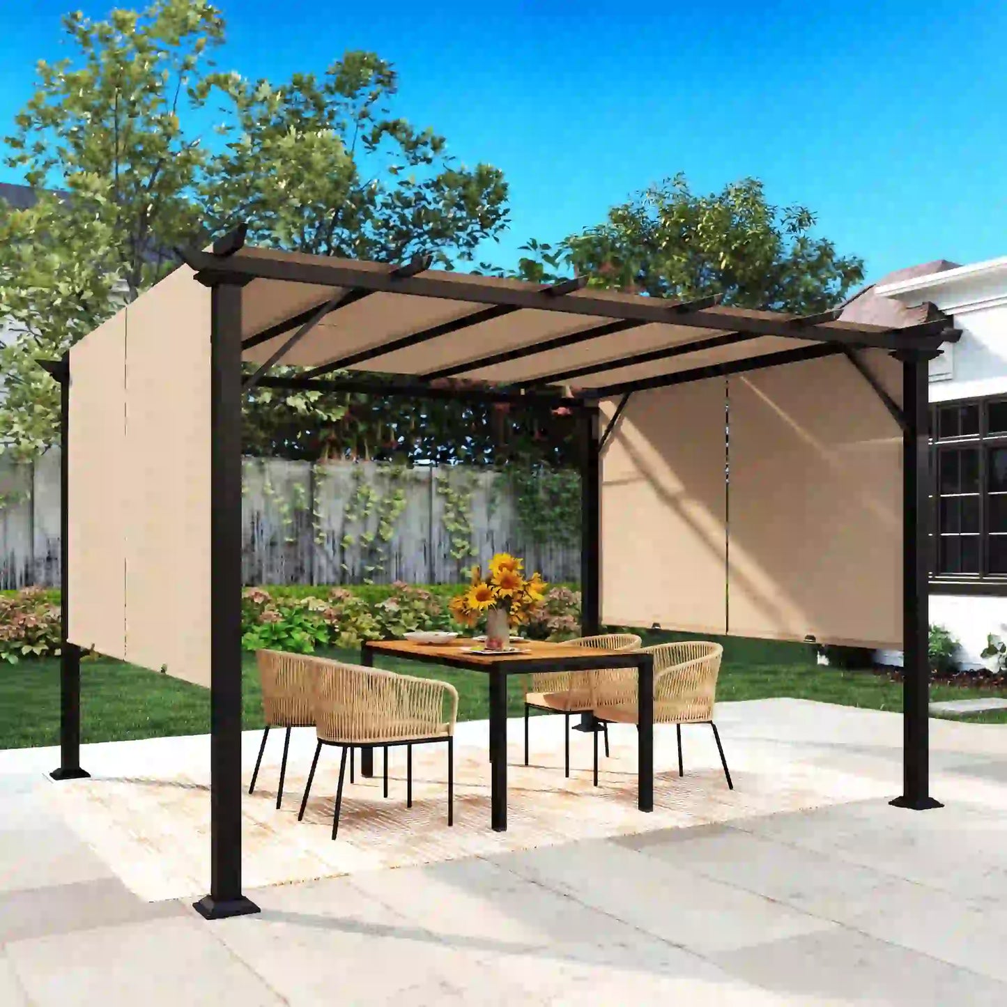 12' x 10' Outdoor Gazebo, Retractable Canopy, Steel Frame, Light Brown Pergolas at Gallery Canada