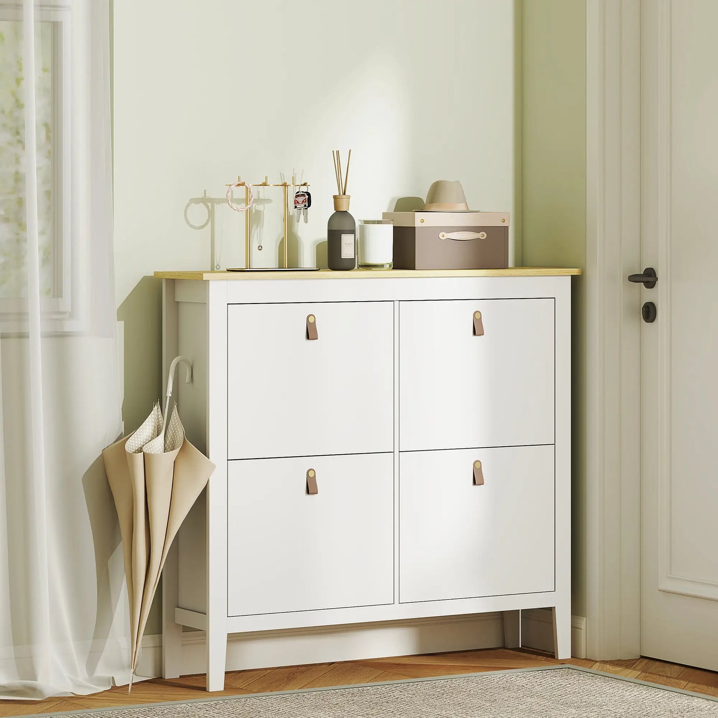 Narrow Shoe Cabinet, 4 Flip Drawers, Adjustable Shelves, White