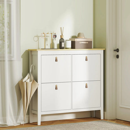 Narrow Shoe Cabinet, 4 Flip Drawers, Adjustable Shelves, White