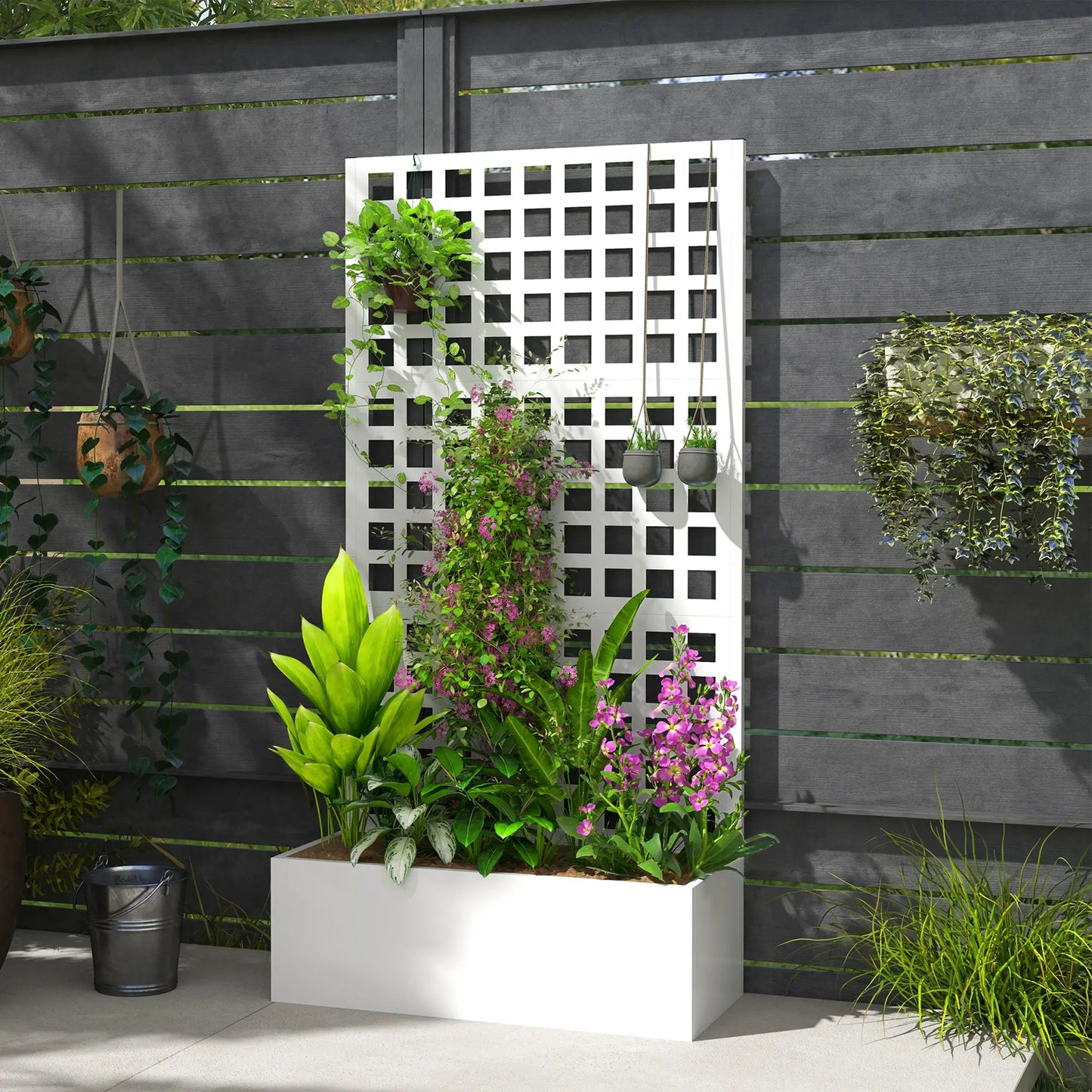 Galvanized Raised Garden Bed Planter Box With Trellis, 35" x 16" x 70", White Galvanized Planter Boxes at Gallery Canada