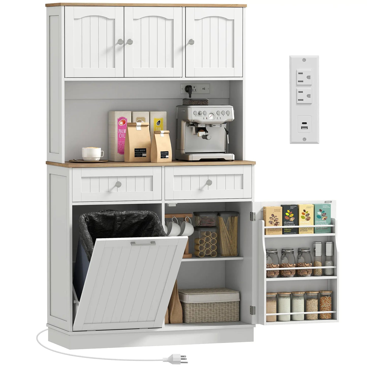 68 Inch Pantry Cabinet with Charging Station, Microwave Stand, Trash Can, White Kitchen Pantry Cabinets at Gallery Canada