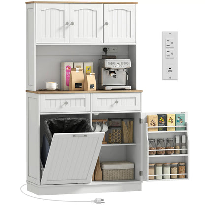 68 Inch Pantry Cabinet with Charging Station, Microwave Stand, Trash Can, White Kitchen Pantry Cabinets at Gallery Canada
