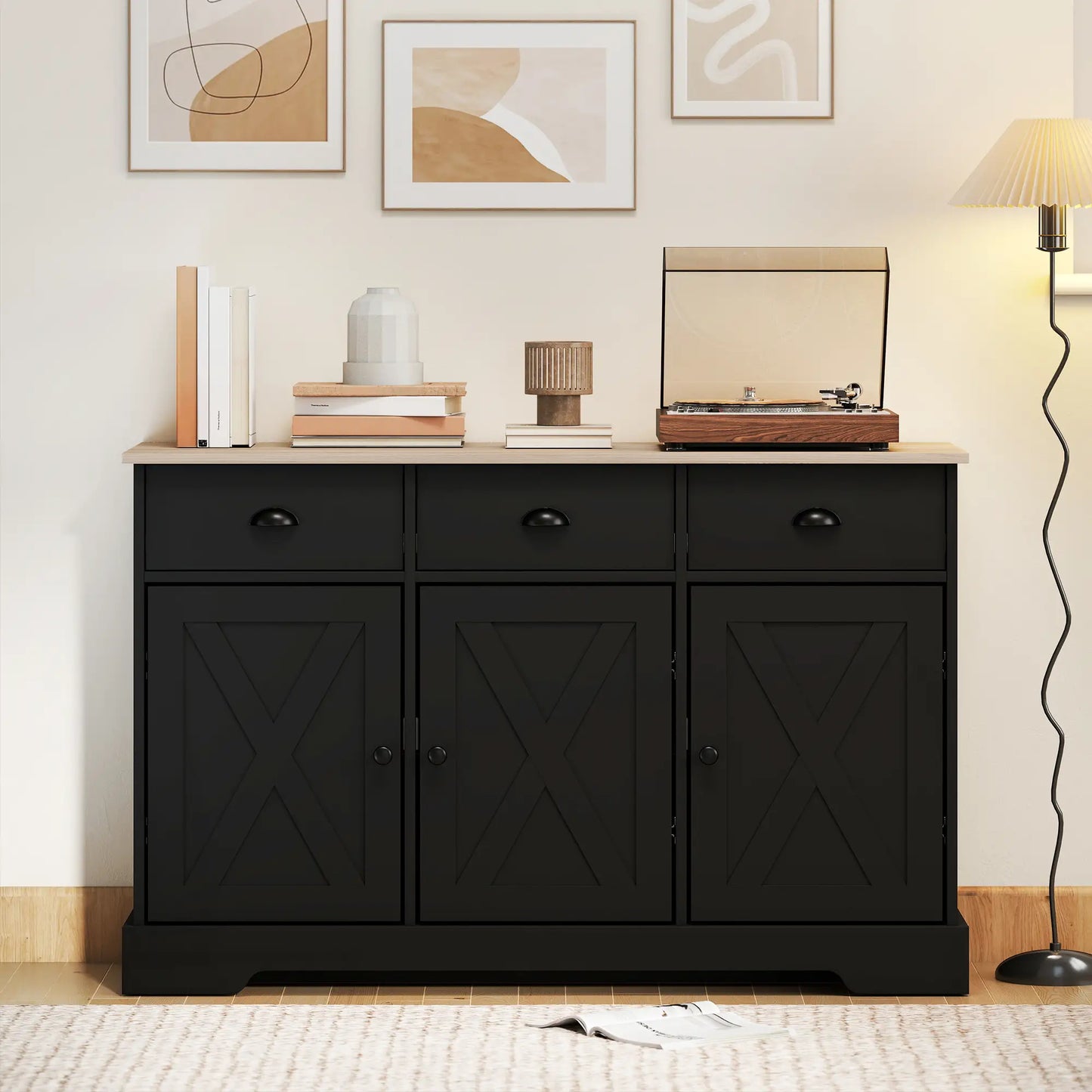 46.5" Buffet Cabinet, Farmhouse Sideboard, 3 Barn Doors, 3 Drawers, Black Bar Cabinets at Gallery Canada