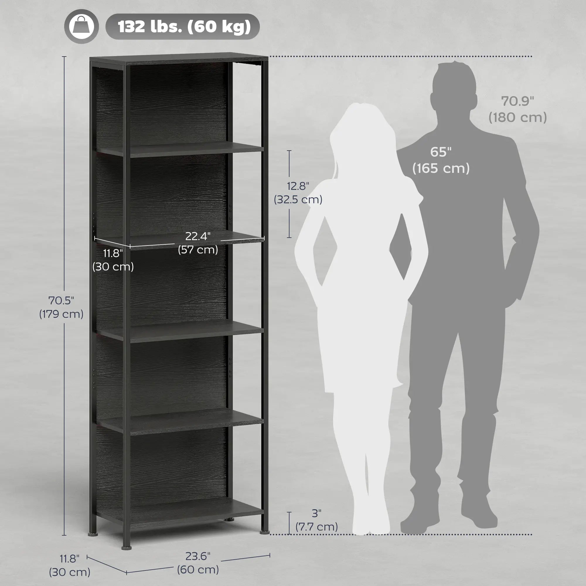 5-Tier Bookshelf With LED Lights, Metal Frame, Black Display Bookshelves at Gallery Canada