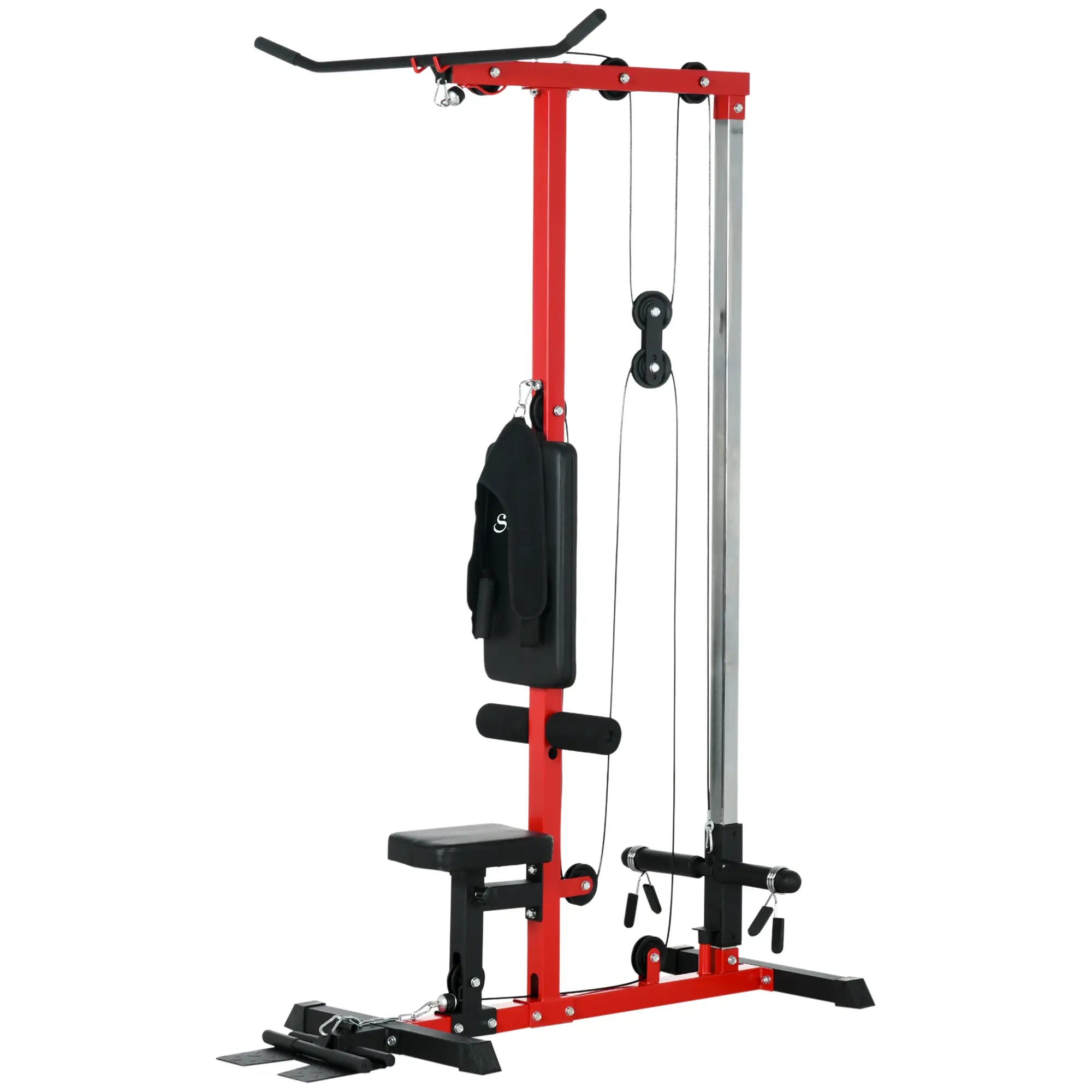 Lat Pull Down Machine, High Low Pulley, Adjustable Seat, Flip-Up Footplate, Red Power Towers Red, Black at Gallery Canada