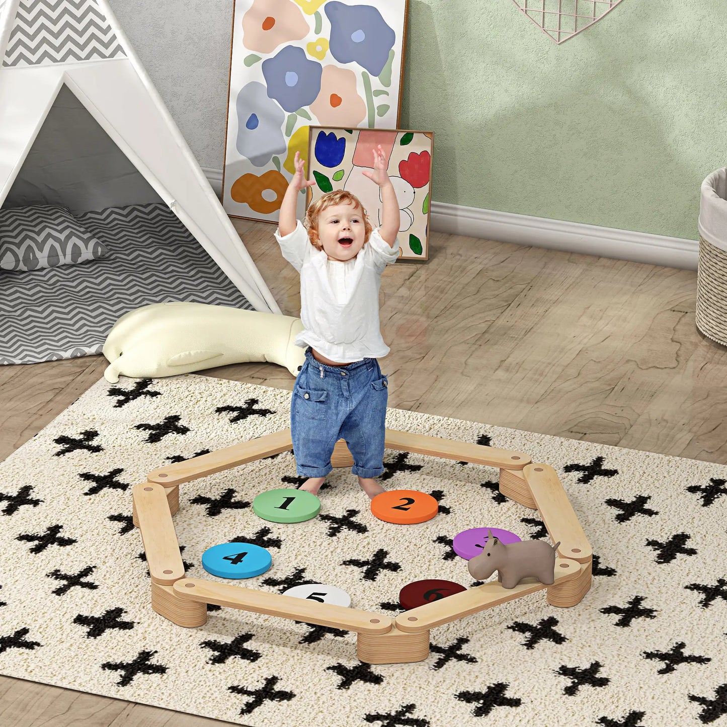 6 PC Wooden Balance Beam for Kids, Indoor Outdoor Coordination Baby Gym & Playmats at Gallery Canada
