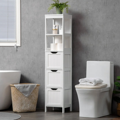 Narrow Bathroom Cabinet, 3 Drawers, 2 Tier Shelf, Tall Cupboard, White Bathroom Cabinets at Gallery Canada