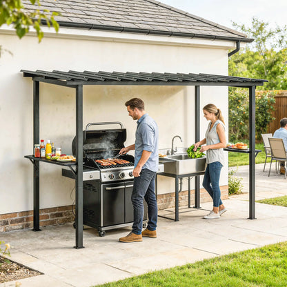 12' x 6' Hardtop Grill Gazebo, Metal Roof, 2 Side Shelves, Black BBQ Grill Gazebos at Gallery Canada