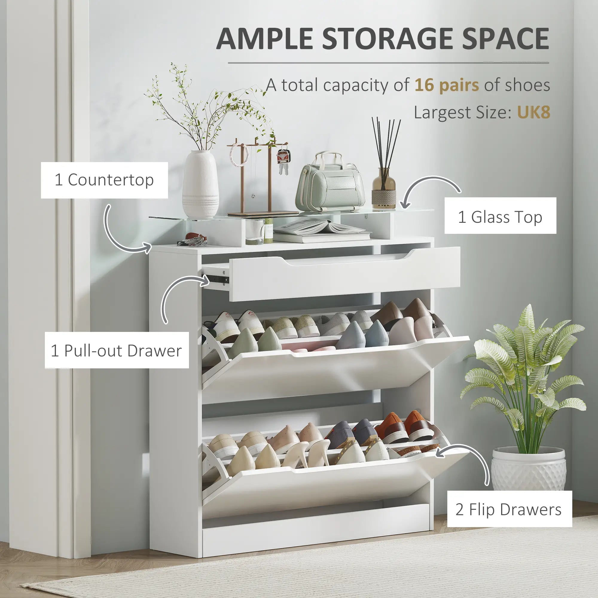 High Gloss Shoe Cabinet, 2 Flip Drawers, Adjustable Shelves, Glass Top, White Shoe Storage Cabinets & Racks at Gallery Canada