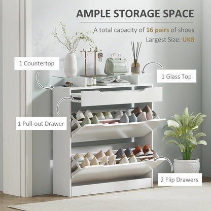 High Gloss Shoe Cabinet, 2 Flip Drawers, Adjustable Shelves, Glass Top, White Shoe Storage Cabinets & Racks at Gallery Canada