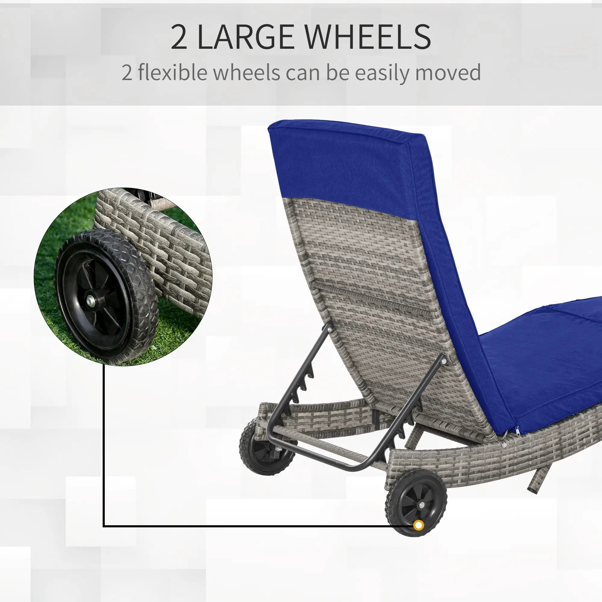 Adjustable Wicker Chaise Lounge with Cushion, Wheels, Dark Blue Chaise Loungers at Gallery Canada
