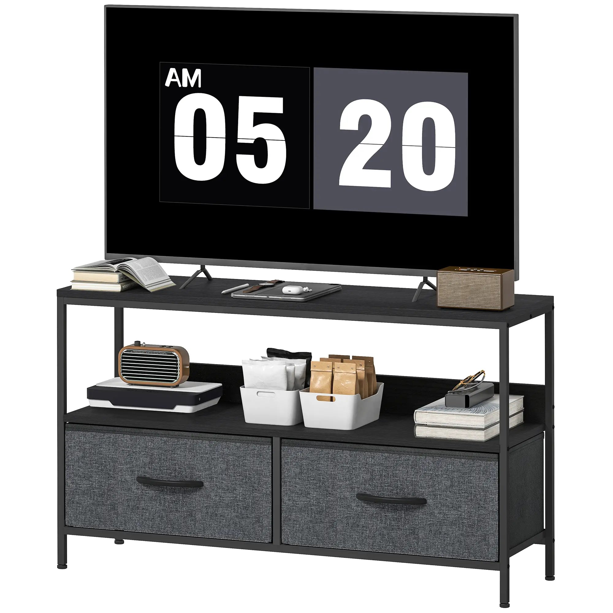TV Stand with Charging Station, 2 Foldable Drawers, Open Shelf, 47 Inch, Black TV Stands Black, Charcoal Grey at Gallery Canada