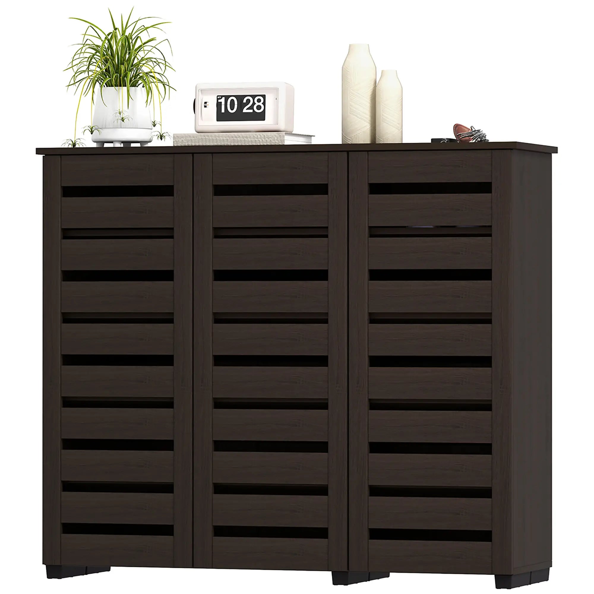 Narrow Shoe Cabinet, Slatted Doors, Adjustable Shelves, 20 Pairs, Dark Brown Shoe Storage Cabinets & Racks Dark Brown at Gallery Canada