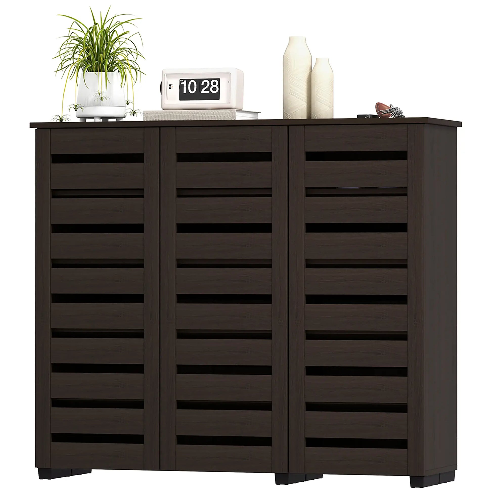 Narrow Shoe Cabinet, Slatted Doors, Adjustable Shelves, 20 Pairs, Dark Brown Shoe Storage Cabinets & Racks Dark Brown at Gallery Canada