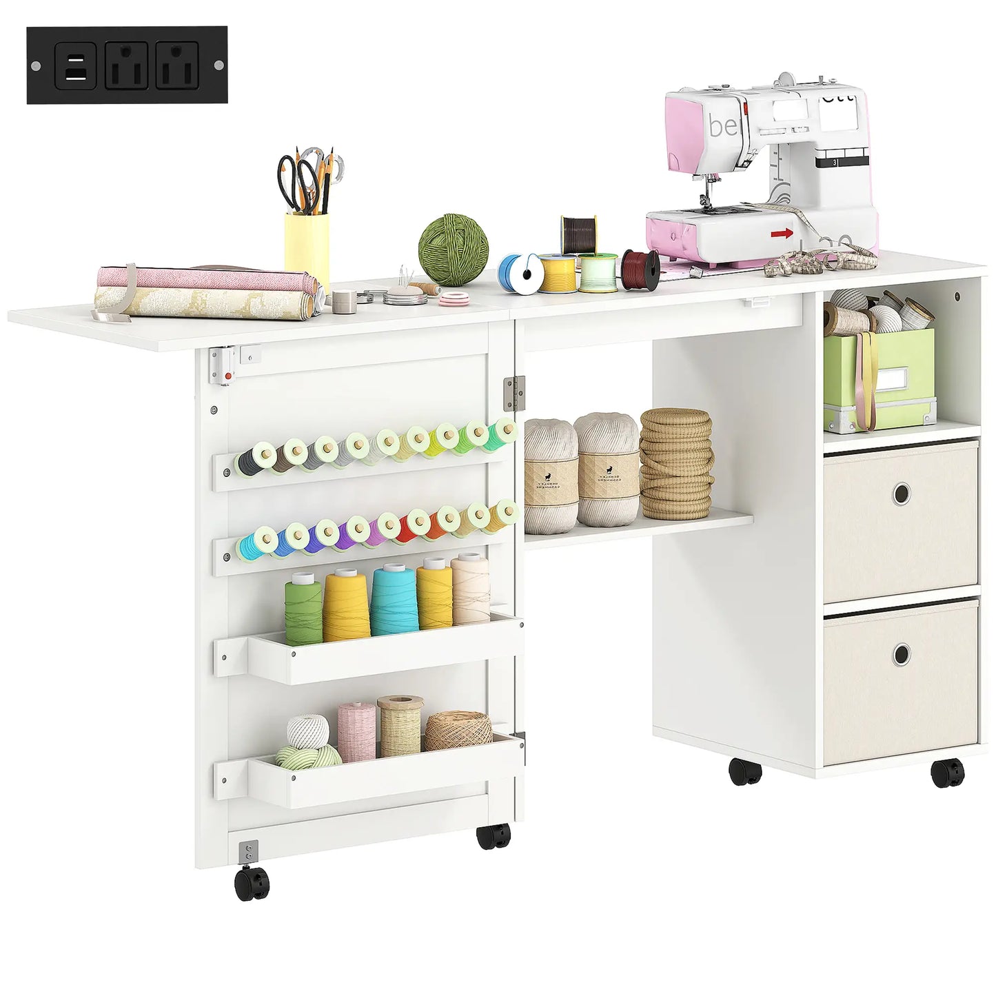 Rolling Sewing Machine Table, Folding Craft Table with Drawers, White Sewing Cabinets at Gallery Canada