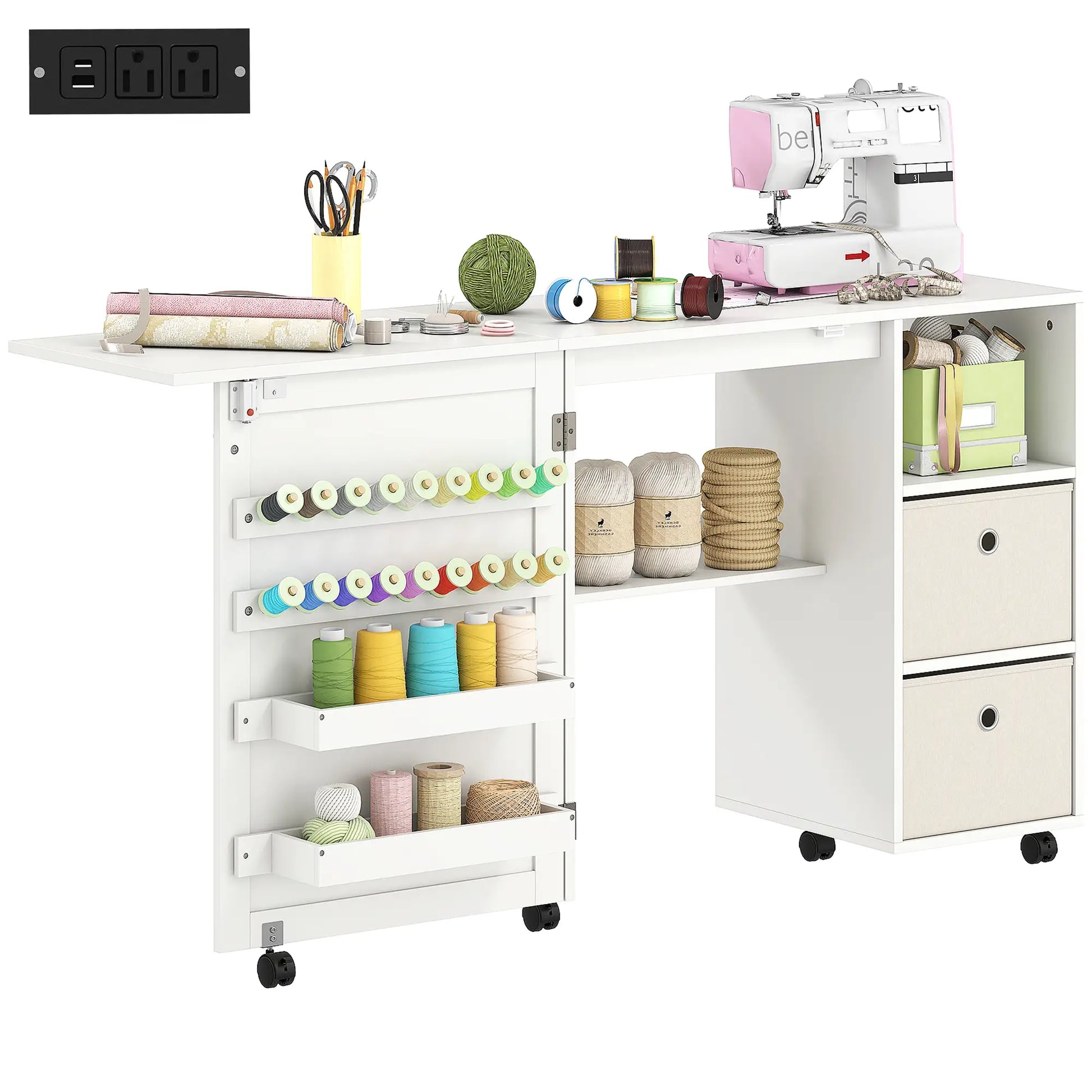 Rolling Sewing Machine Table, Folding Craft Table with Drawers, White Sewing Cabinets at Gallery Canada