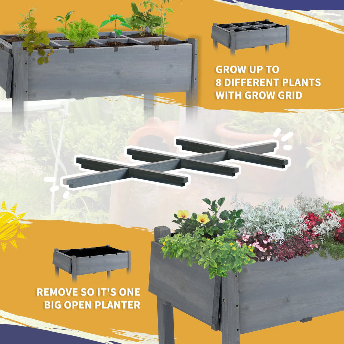 Raised Garden Bed, 8 Grids with Storage Shelf, Elevated Planter Box, Grey Elevated Garden Beds at Gallery Canada