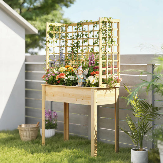 Wooden Raised Garden Bed With 3 Trellises, Planter With Drainage Holes Elevated Garden Beds Natural at Gallery Canada