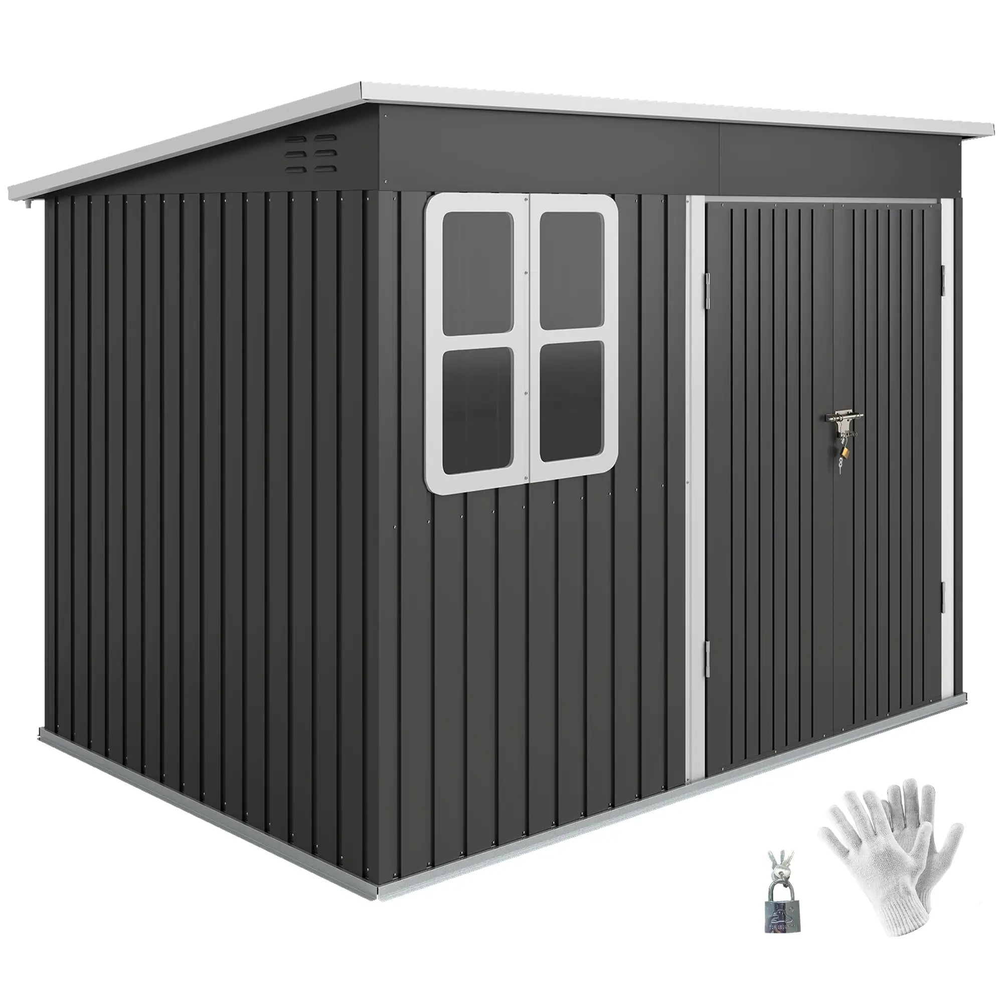 8.5' x 6' Galvanised Steel Outdoor Storage Shed, Lockable Doors, Dark Grey Sheds at Gallery Canada