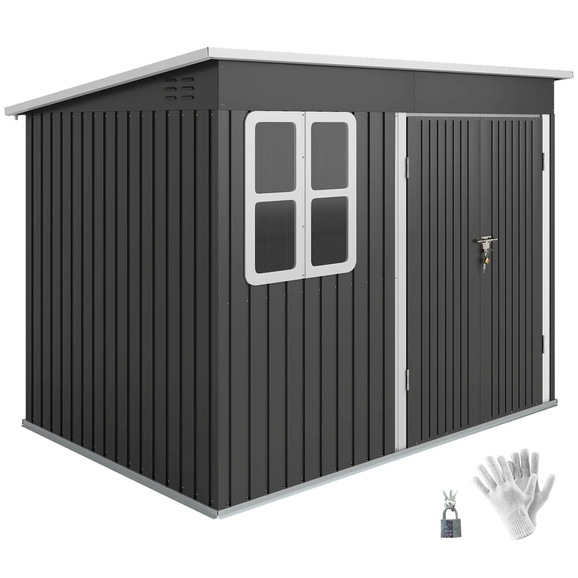 8.5' x 6' Galvanised Steel Outdoor Storage Shed, Lockable Doors, Dark Grey Sheds at Gallery Canada