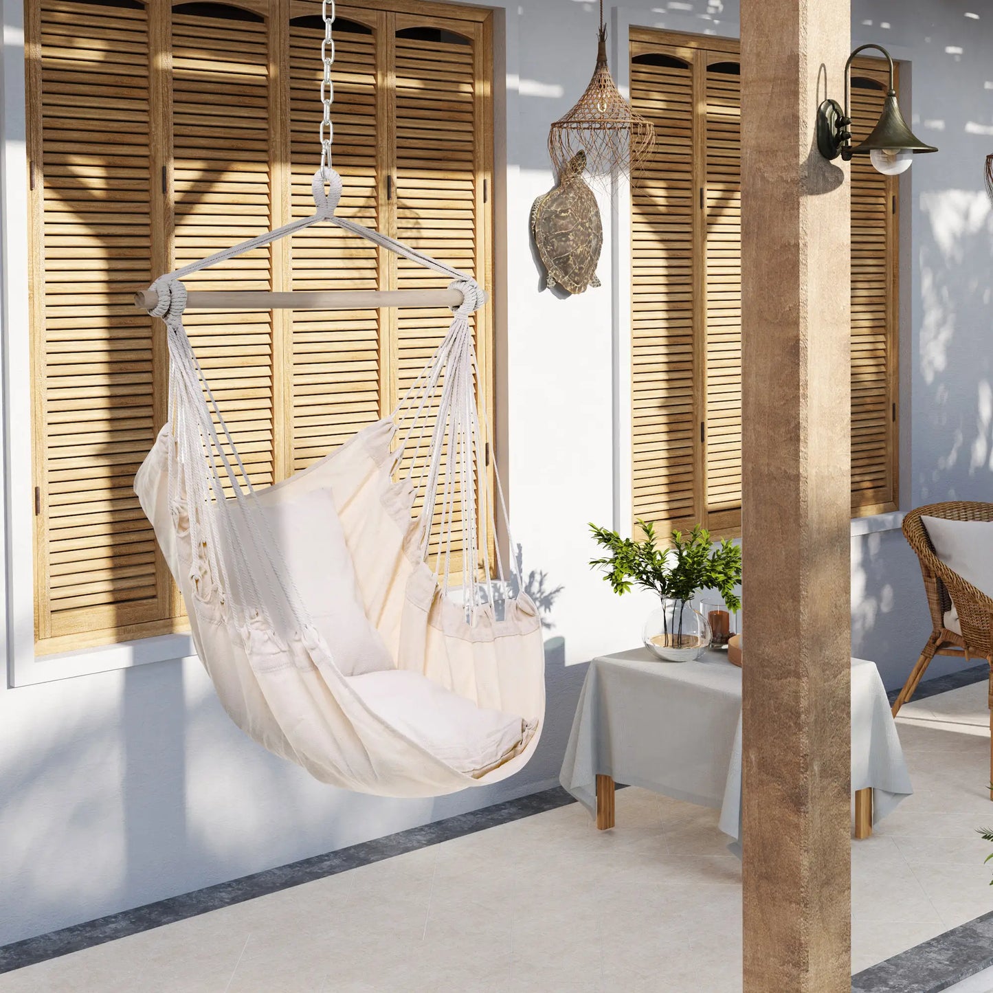 Hanging Macrame Chair, Cotton w/ Two Cushions, Indoor Outdoor, White Hammock Swings at Gallery Canada
