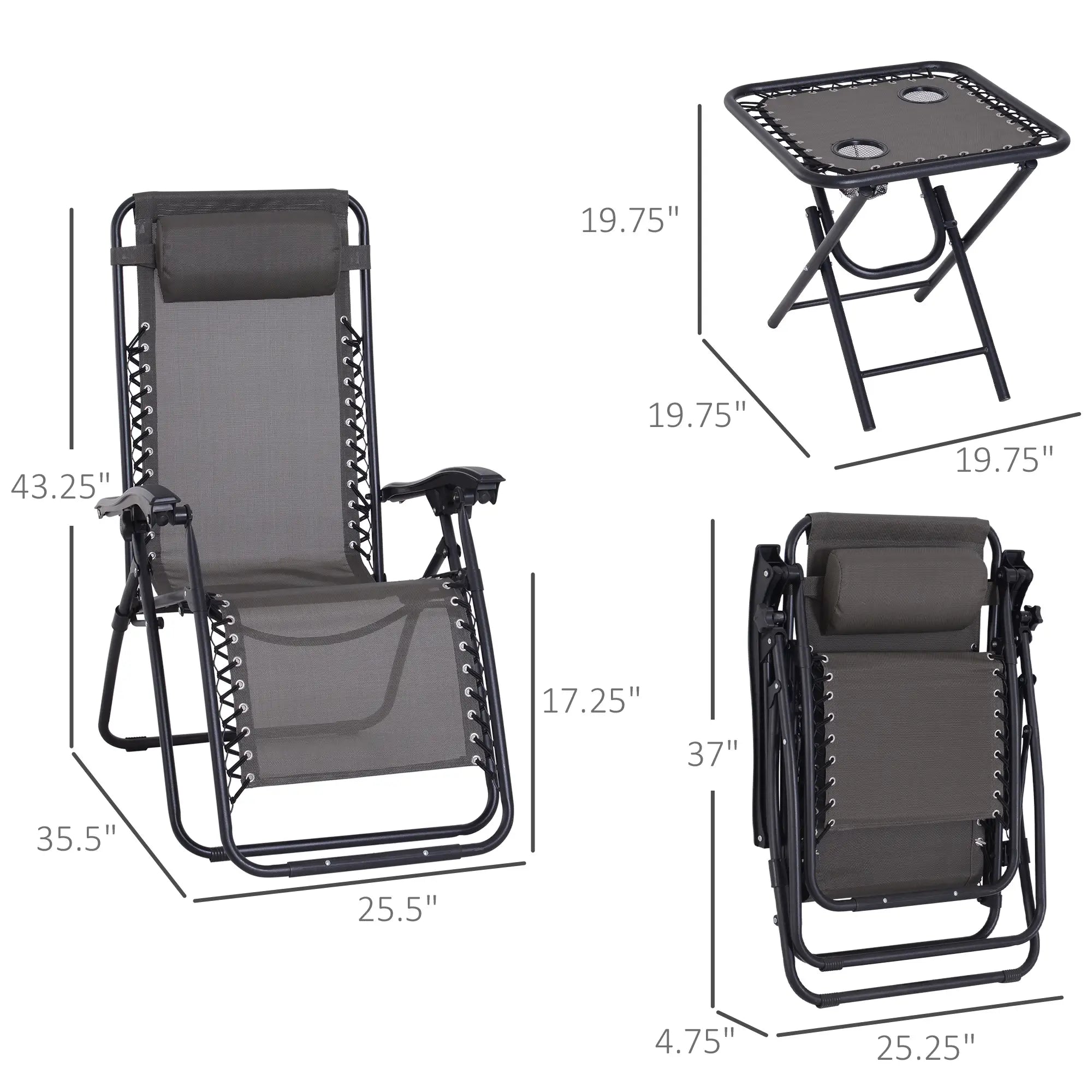 Zero Gravity Chair Set of 2, Patio Chair with Side Table, Grey Lounger Chairs at Gallery Canada