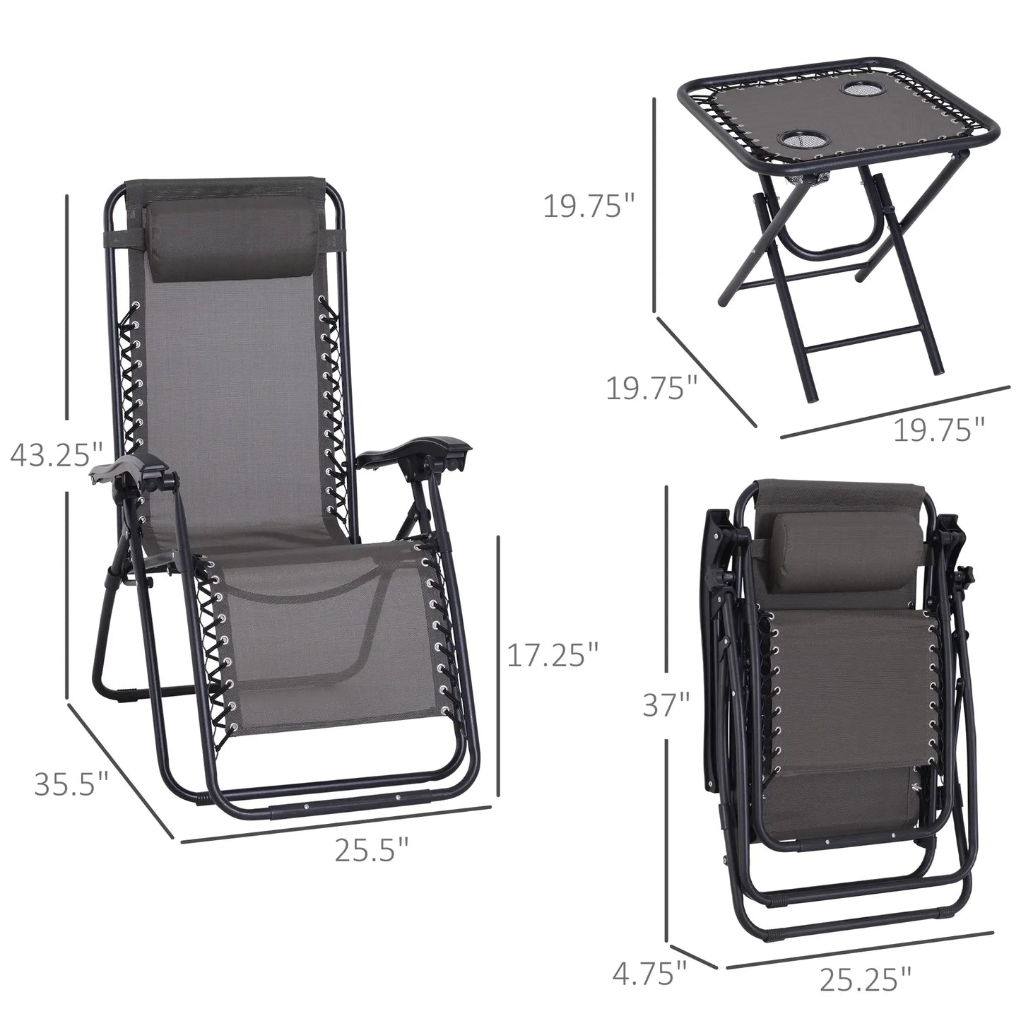 Zero Gravity Chair Set of 2, Patio Chair with Side Table, Grey Lounger Chairs at Gallery Canada