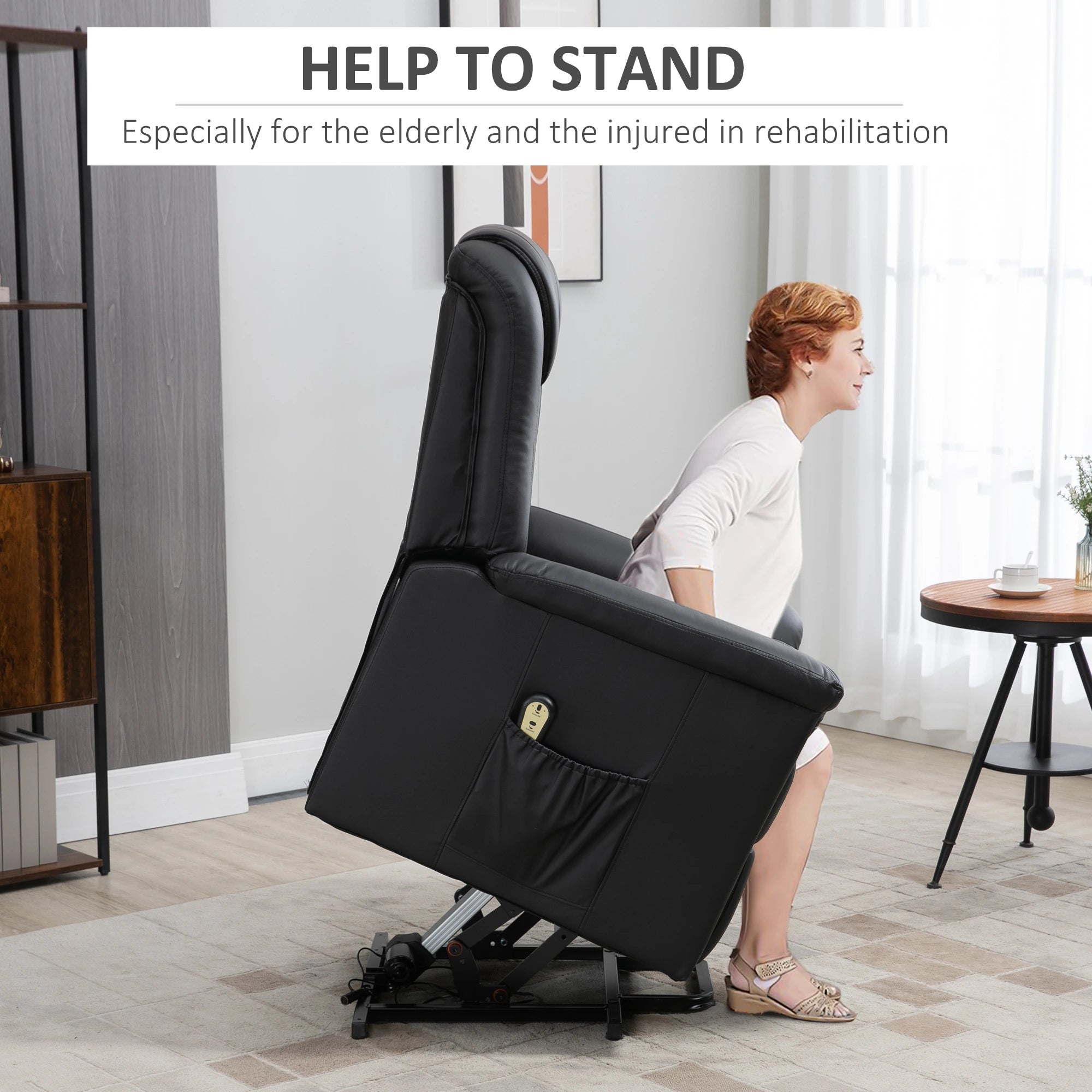 Electric Power Lift Recliner Chair, PU Leather with Footrest, Remote, Side Pockets, Black Electric Power Lift Chairs at Gallery Canada