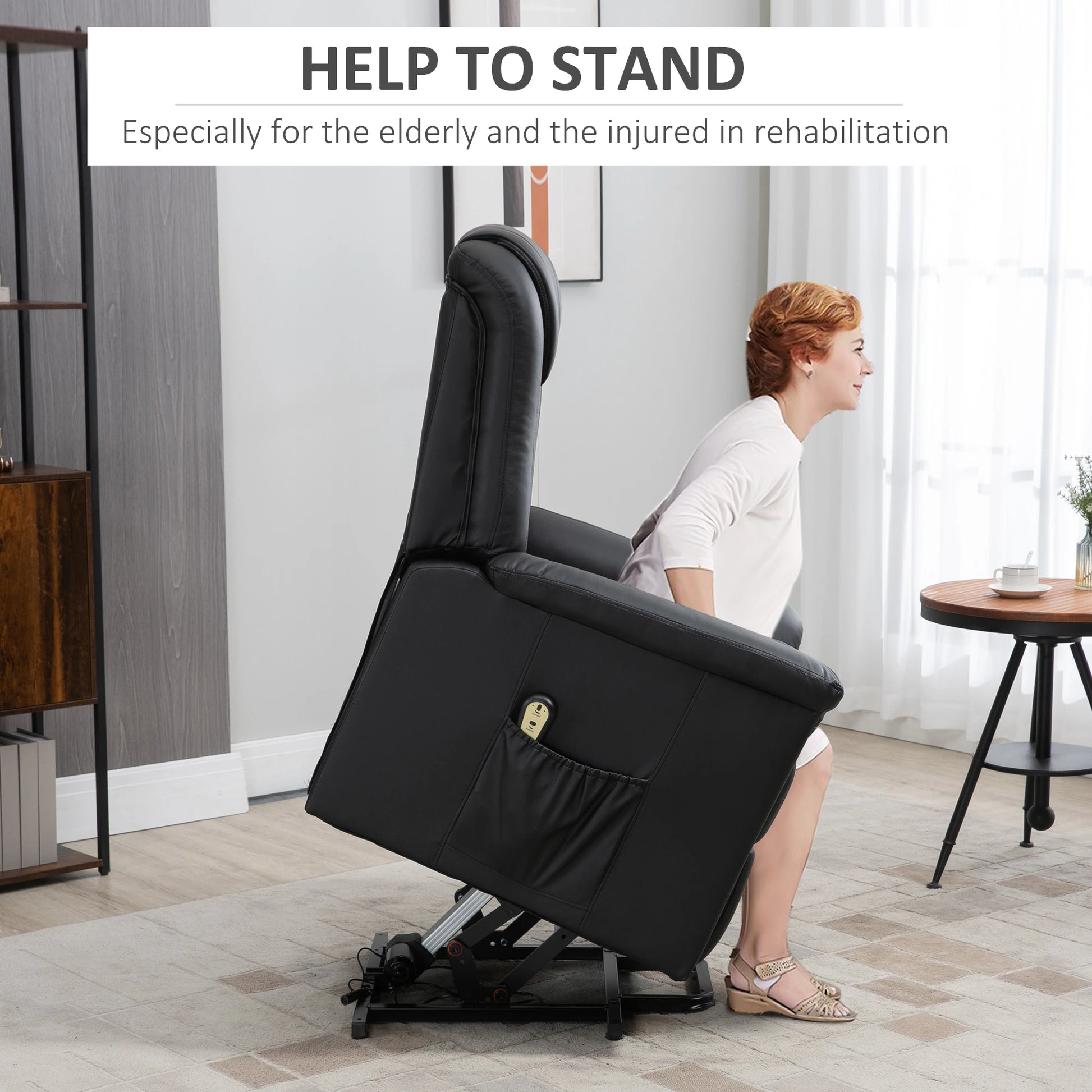 Electric Power Lift Recliner Chair, PU Leather with Footrest, Remote, Side Pockets, Black Electric Power Lift Chairs at Gallery Canada