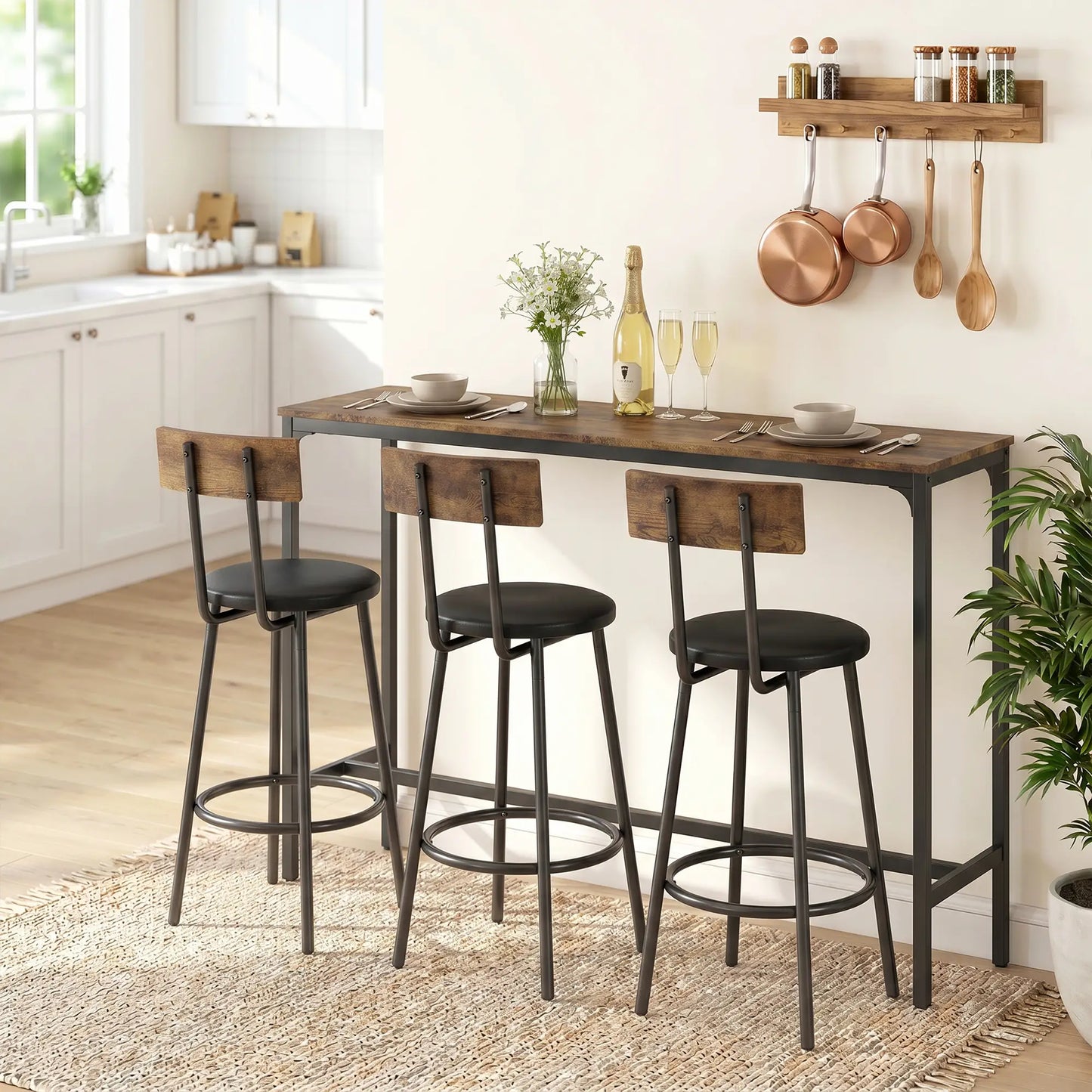 Bar Table Set, 4 PU Cushioned Barstools, Rustic Brown