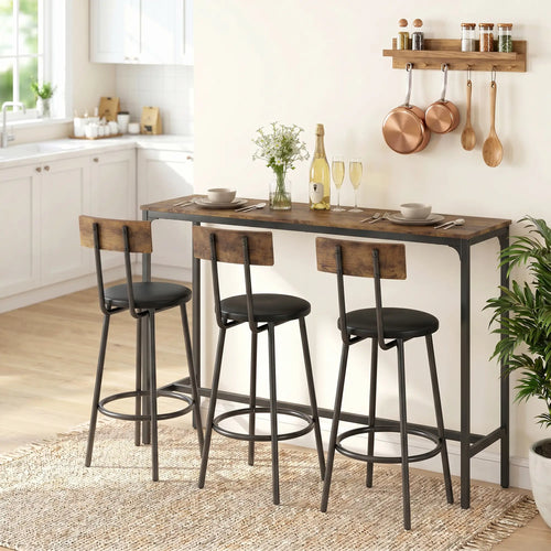 Bar Table Set, 4 PU Cushioned Barstools, Rustic Brown