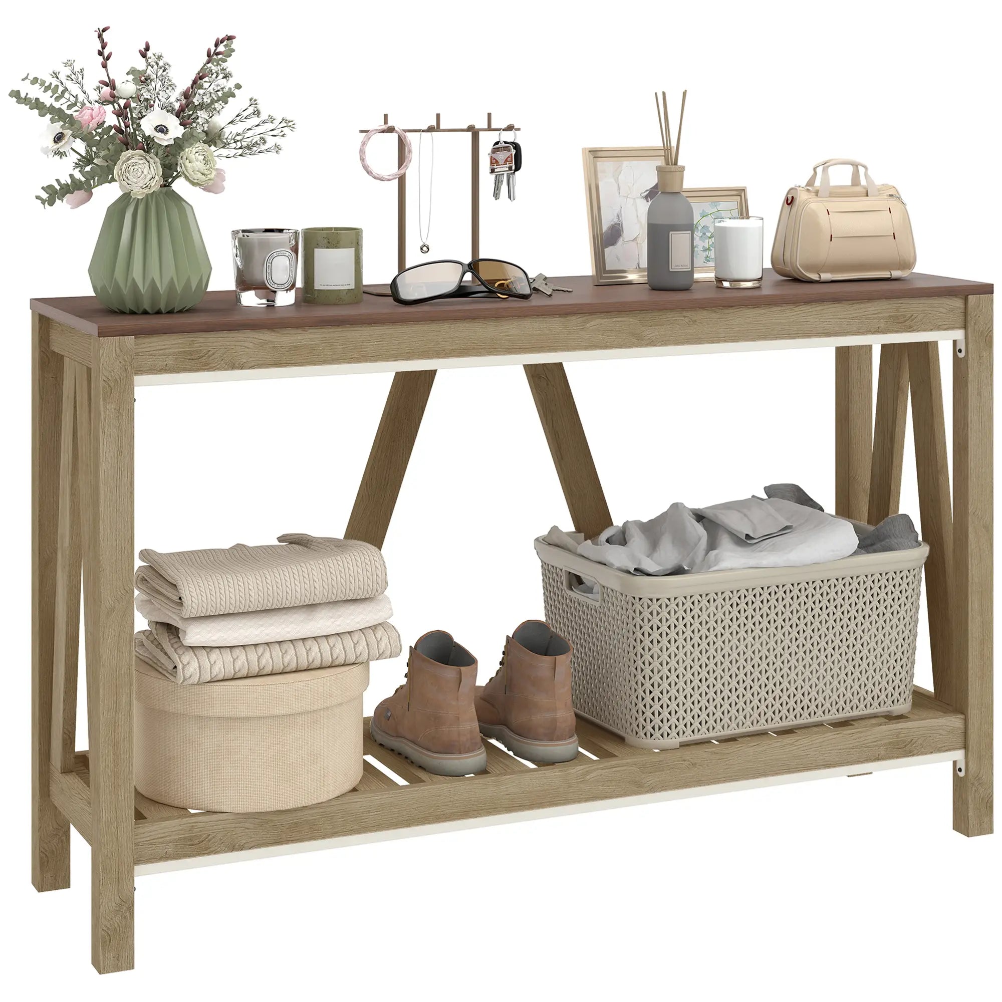 Farmhouse Console Table with Storage Shelf, Rustic Sofa Table, Oak Console Tables Oak, Dark Brown at Gallery Canada