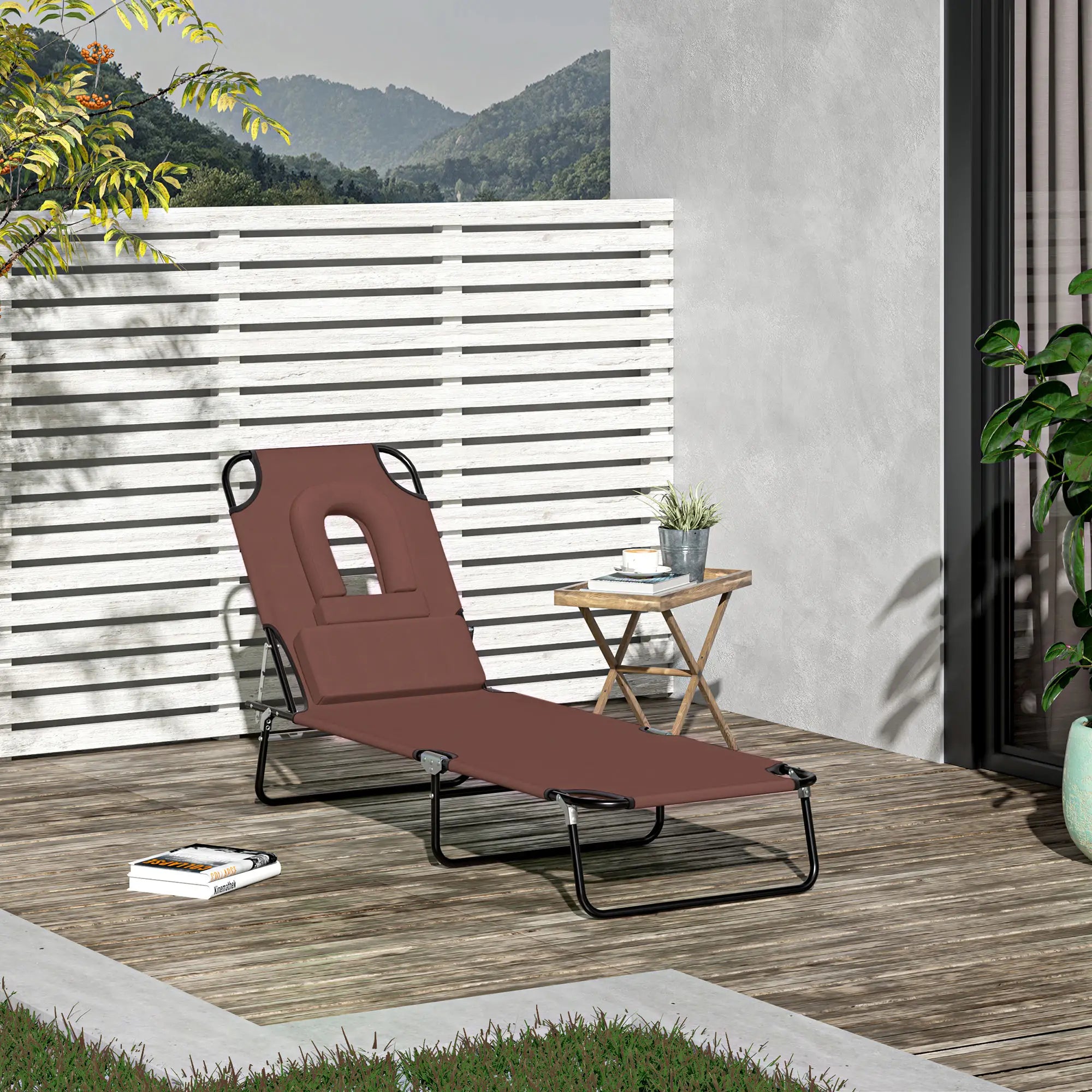 Adjustable Outdoor Lounge Chair, Folding Chaise with Face Hole, Brown Lounger Chairs at Gallery Canada