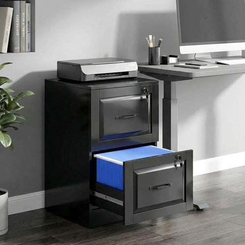 2 Drawer File Cabinet With Lock, Vertical Filing Cabinet, Black