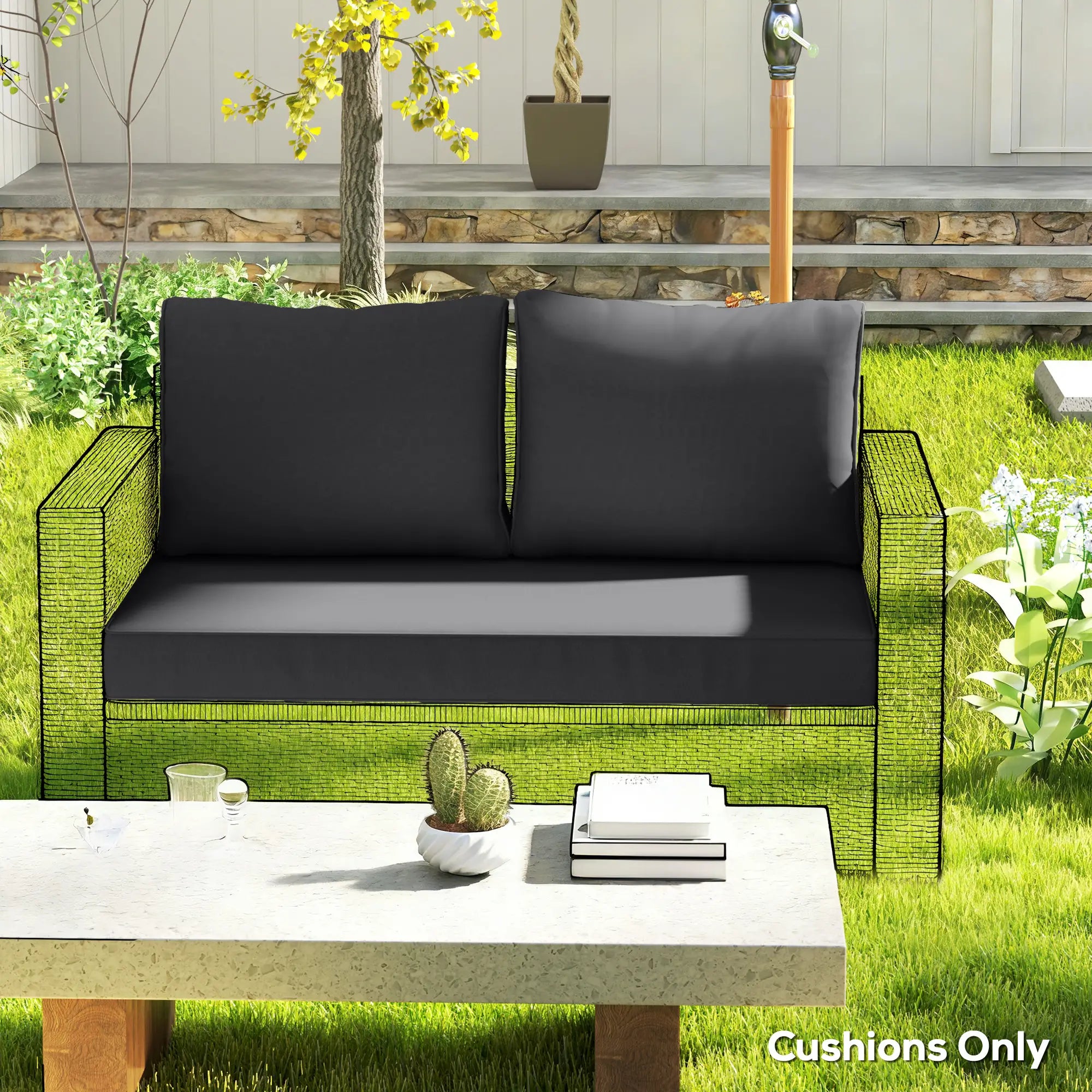 2 Seater Outdoor Cushions With Backrest, Black Patio Chair Cushions at Gallery Canada