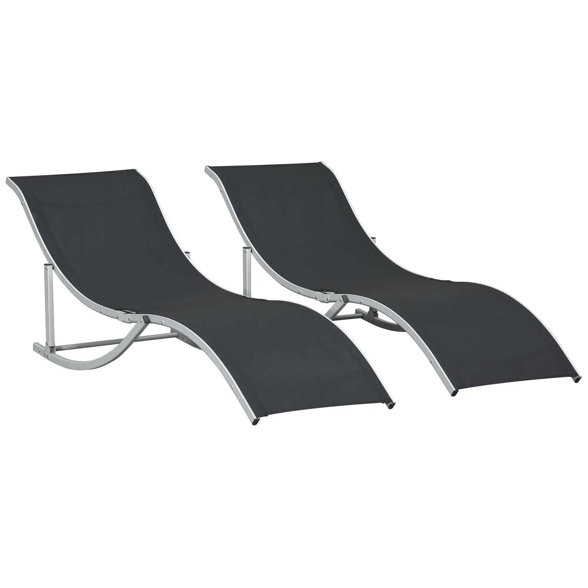 Foldable Pool Chaise Lounge Chairs Set of 2, 264lbs Capacity, Black Lounger Chairs Silver White Frame, Black Cloth at Gallery Canada