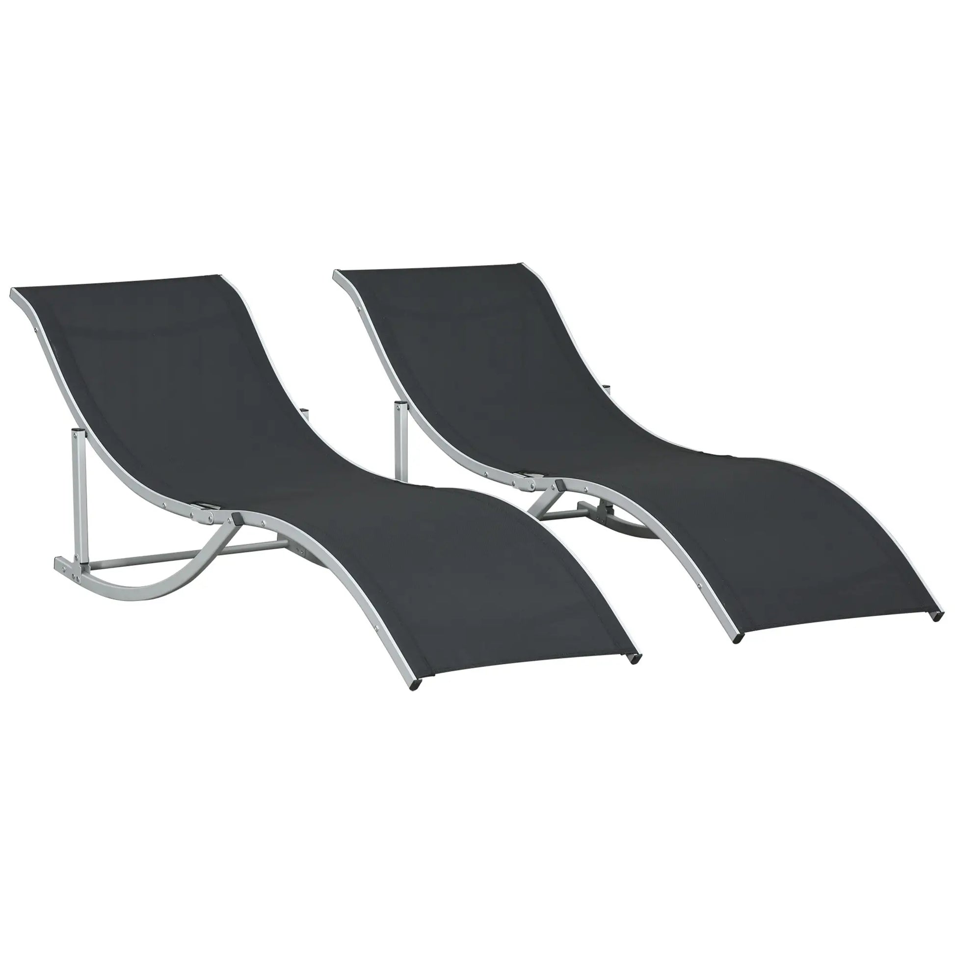 Foldable Pool Chaise Lounge Chairs Set of 2, 264lbs Capacity, Black Lounger Chairs Silver White Frame, Black Cloth at Gallery Canada