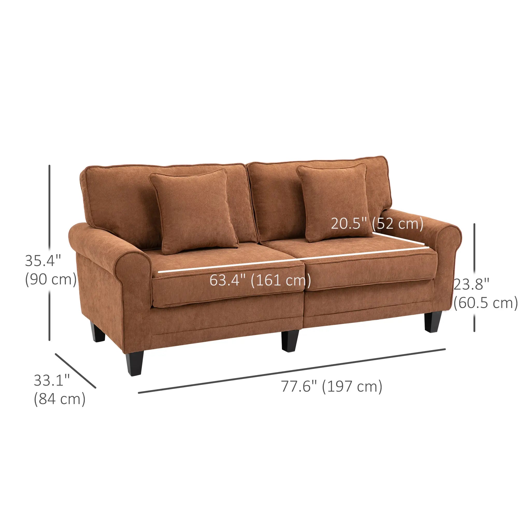 Modern 3 Seater Sofa, Corduroy Couch, Pine Wood Legs, Brown, Brown 3-Seater Sofas at Gallery Canada