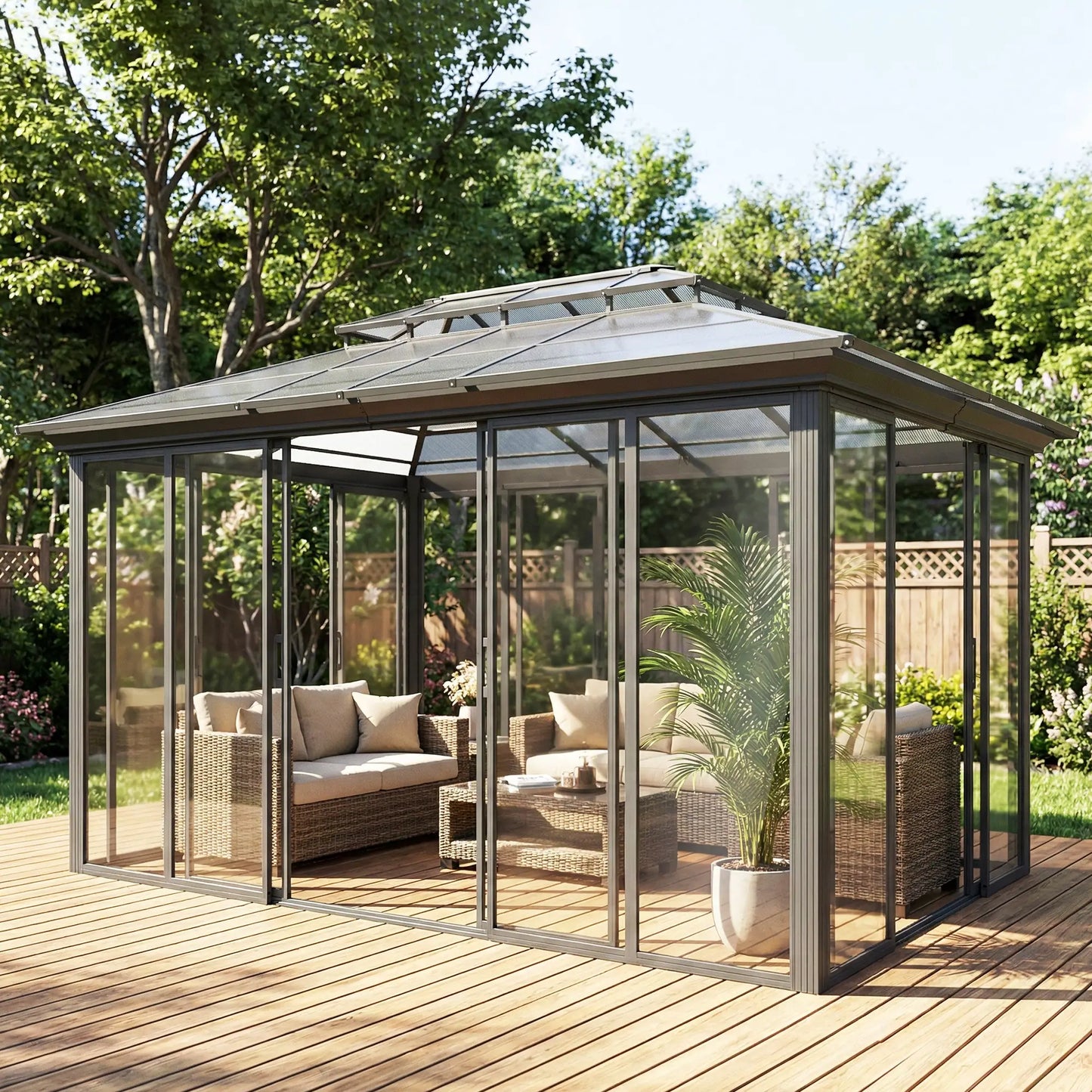 10' x 14' Aluminum Hardtop Gazebo, Sliding Doors, Double Roof, Dark Grey Gazebos at Gallery Canada