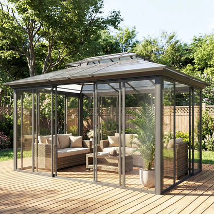 10' x 14' Aluminum Hardtop Gazebo, Sliding Doors, Double Roof, Dark Grey Gazebos at Gallery Canada