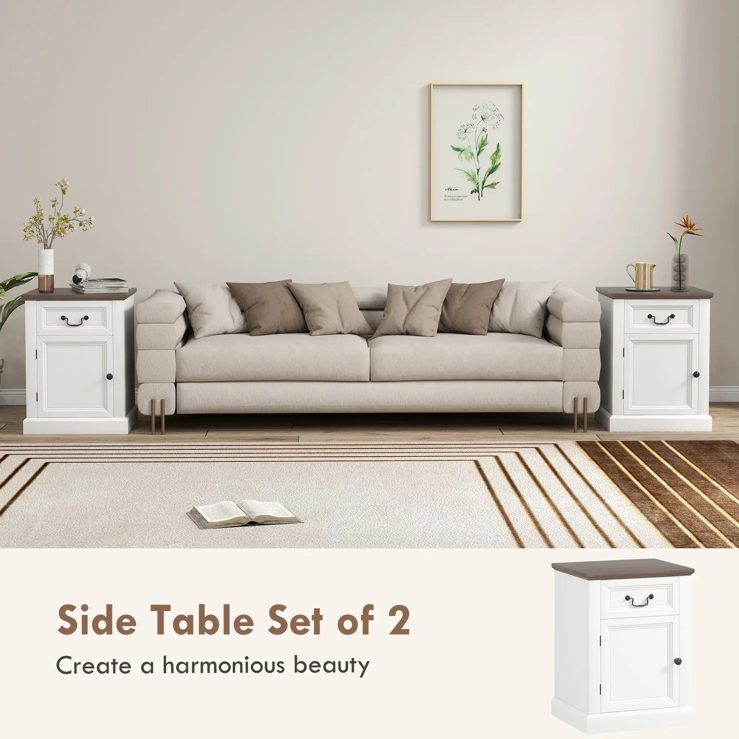 Side Table Set of 2, with Drawer and Cabinet, White Side Tables at Gallery Canada