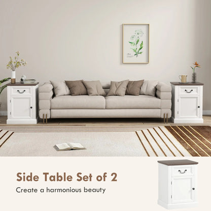 Side Table Set of 2, with Drawer and Cabinet, White Side Tables at Gallery Canada