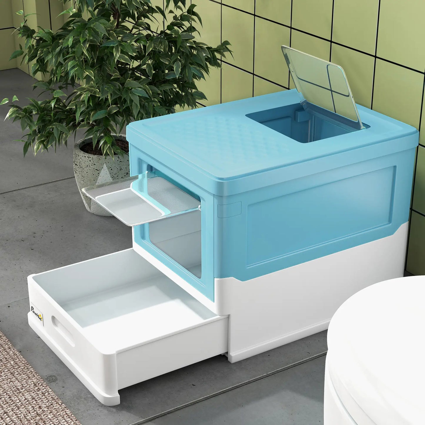 Top Entry Enclosed Kitty Litter Box with Scoop, Tray, Blue Cat Litter Box Enclosures at Gallery Canada