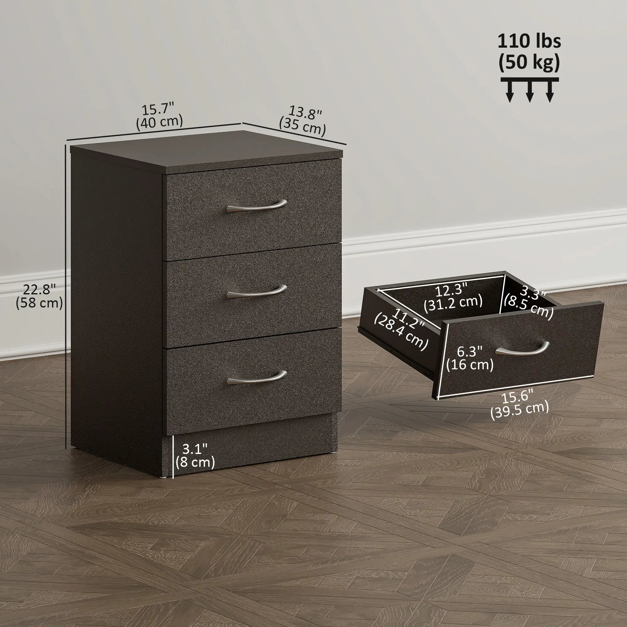 Modern Night Stand, 3 Drawers, Metal Rail, Dark Brown Bedside Tables at Gallery Canada