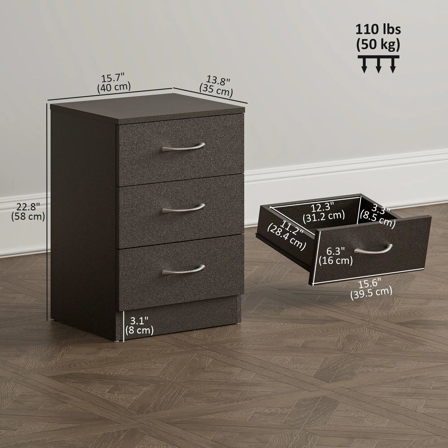 Modern Night Stand, 3 Drawers, Metal Rail, Dark Brown Bedside Tables at Gallery Canada