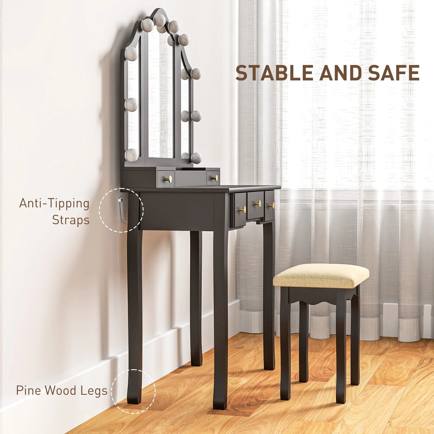 Makeup Vanity Desk with Mirror, Stool, 10 LED Lights, Black Dressing & Vanity Tables at Gallery Canada